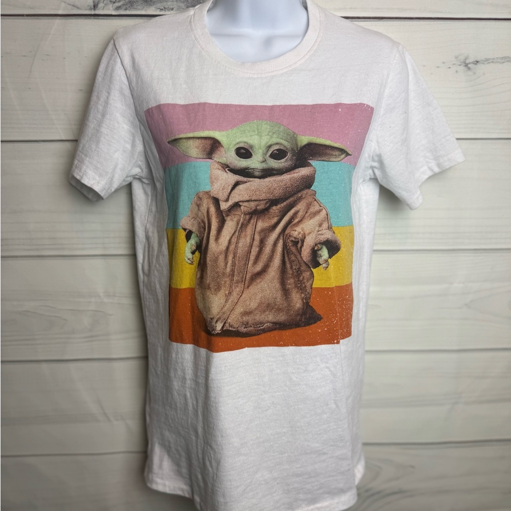 Star Wars White Tee with Baby Yoda and Colorful Stripes
